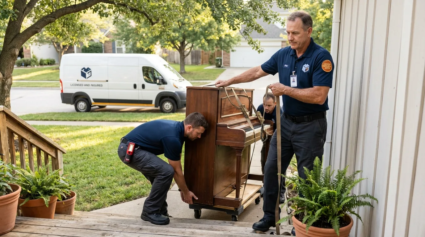 Licensed piano movers securing grand piano in Itta Bena, MS