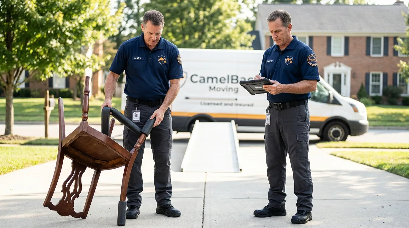 Movers inspecting furniture for damage prevention before loading in Itta Bena, MS
