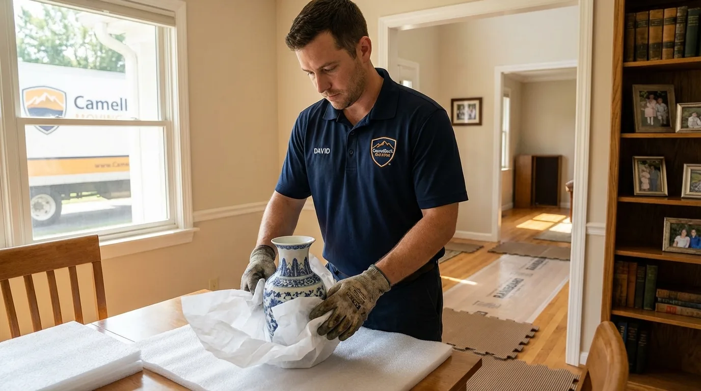 Professional crew carefully wrapping antique vase for senior downsizing move in Itta Bena, MS